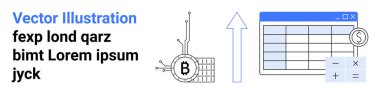 Devreli bitcoin logosu, yukarı doğru büyüyen ok, hesap makinesi ve veri tablosu. Kripto para birimi, yatırım, finansal büyüme, muhasebe, veri analizi, fintech ve eğitim için ideal. İniş sayfası