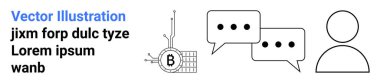 Bağlantı düğümlerine sahip Bitcoin sembolü, elipsli iki konuşma balonu, kullanıcı silueti ve yer tutucu metni. Finans, kripto para birimi, teknoloji, iletişim, ağ, sosyal medya için ideal