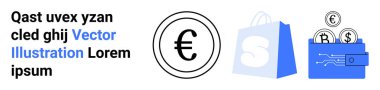 İçinde Euro işareti, alışveriş çantası ve bozuk paralarla dolu bir cüzdan olan semboller. E-ticaret, finans, bankacılık, alışveriş ve ödeme işlemleri için ideal. Modern, mavi aksanlı tasarım. İniş sayfası
