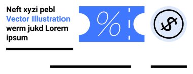 Yüzdelik sembollü mavi bilet, siyah dolar işareti daire şeklinde. Terfi, indirim, satış, e-ticaret, pazarlama, reklamcılık, kuponlar, matbaa malzemeleri için ideal. İniş sayfası