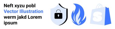 Kilitli bir kalkanın, mavi bir alevin ve alışveriş çantasının yanında mesaj. Çevrimiçi güvenlik, e-ticaret, dijital güvenlik, veri koruması ve alışveriş güvenliği için ideal. İniş sayfası