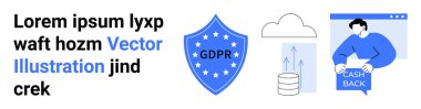 GDPR mesajlı kalkan, bulut hesaplama veri depolama, nakit para çekme işareti tutan kişi. Siber güvenlik, veri gizliliği, bulut hizmetleri, para iadesi, kullanıcı koruması, web güvenliği, teknoloji için ideal