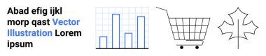 Şebeke alışveriş arabasında siyah, mavi bar grafiği, siyah çizgili akçaağaç yaprağı. Analiz, e-ticaret, doğa, finans, perakende, sunumlar, eğitim için ideal. İniş sayfası için pankart