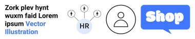 Bir insan kaynakları bağlantı simgesi, bir kullanıcı profili simgesi ve yer tutucu metin içeren bir dükkan simgesi içerir. Çevrimiçi alışveriş, HR hizmetleri, kullanıcı profilleri, iş uygulamaları ve teknoloji için ideal