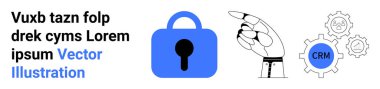 CRM viteslerinin yanındaki mavi güvenlik kilidini gösteren robot eli tasvir eden teknoloji dizisi. Siber güvenlik, CRM pazarlama, teknoloji geliştirme, güvenlik yazılımı, yenilik atölyeleri, işletmeler için ideal