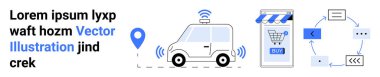 GPS sinyali olan araba, mobil alışveriş uygulaması arayüzü, ve ok ve simgelerle akış diyagramı. E-ticaret, lojistik, mobil uygulamalar, dağıtım hizmetleri, teknoloji entegrasyonu, çevrimiçi için ideal