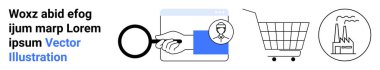 Büyüteç incelemesi, el ele tutuşmalar, web penceresi, alışveriş arabası, fabrika ikonu, zamanlayıcı. E-ticaret, piyasa araştırması, sanayi hizmetleri, çevrimiçi alışveriş, endüstri analizi, iş dünyası için ideal
