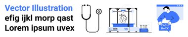 Stetoskop, 3D yazıcı kalp yaratıyor ve geri ödeme teklifi. Tıbbi teknoloji, sağlık hizmeti, 3D baskı, ekommerce, finansal hizmetler, teknolojik yenilikler ve çevrimiçi işlemler için idealdir. İniş