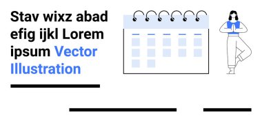 Yogadaki sakin kadın, takvim sayfasının yanında mavi aksanlı, metin blokları ve satırlarla birlikte poz veriyor. Program uygulamaları, sağlık siteleri, verimlilik blogları, iş planlaması ve zaman için ideal