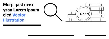 Büyüteç, dijital jeton, metin elemanları ve yatay çizgiler. Finansal içerik, kripto para birimi web siteleri, fintech blogları, eğitim materyalleri, pazarlama teminatı, iş dünyası için ideal