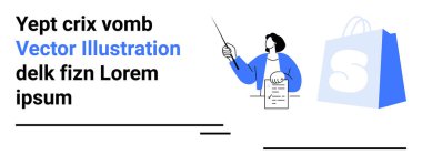 S logolu mavi alışveriş çantasının yanında elinde işaret ve belge tutan kişi. Çevrimiçi öğrenme, e-ticaret, dijital pazarlama, eğitim ağları, sunumlar için ideal. İniş sayfası