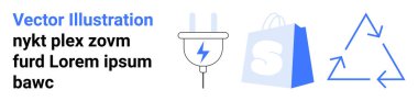 Mavi bir alışveriş çantası, elektrik prizi ve geri dönüşüm sembolü. E-ticaret, sürdürülebilirlik, yenilenebilir enerji, geri dönüşüm ve çevre dostu uygulamalar için ideal. Basit ve modern tasarım. İniş sayfası