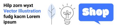 Yaprak, ampul ve yer tutucu metni olan bir dükkan çağrısı. Çevrimiçi alışveriş, çevre dostu ürünler, yaratıcı tasarım, yenilik ve pazarlama için ideal. İniş sayfası için pankart