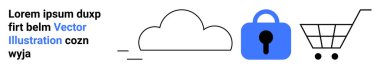 Mavi asma kilidin yanında bulut ikonu güvenliği simgeliyor, ardından da alışveriş arabası. E-ticaret, çevrimiçi güvenlik, veri koruması, bulut hizmetleri, güvenli işlemler, İnternet alışverişi için ideal
