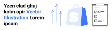 S logosu olan bir alışveriş torbası üzerinde işaretler ve yukarı doğru oklar olan bir pano. E-ticaret büyümesi için ideal iş planlama satış pazarlaması ve perakende geliştirme. İniş sayfası