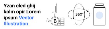 Üzerinde Bitcoin işareti olan bir blok zinciri sembolü, yörüngesel 360 derecelik bir ok sembolü ve minimalist süt kutusu grafiği. Teknoloji, finans, eğitim, pazarlama, e-ticaret, öğretiler için ideal