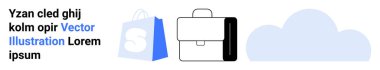 Bir alışveriş çantası, bir evrak çantası ve üzerinde mavi ve siyah renkli Lorem Ipsum yazan bir bulut gösteriyor. Çevrimiçi alışveriş perakende satış bulutu depolama işi web siteleri pazarlaması için ideal. İniş sayfası
