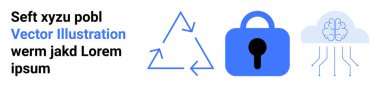 Recycle symbol, blue lock, and cloud-shaped brain connected to circuits representing sustainability, security, and AI. Ideal for environmental tech, cybersecurity, artificial intelligence, digital clipart