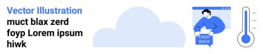 Sağda ve termometre simgesinde kullanıcı geribildirim işareti olan bulut simgesi. Teknoloji, hava durumu uygulamaları, veri analizleri, sıcaklık izleme, geri bildirim toplama, bulut hizmetleri için ideal