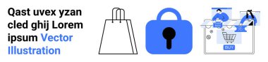 Alışveriş çantası, güvenlik kilidi ve alıcılarla online kontrol konsepti. E-ticaret, siber güvenlik, çevrimiçi perakende, web sitesi afişleri, dijital pazarlama, fintech ve tüketici koruma temaları için ideal