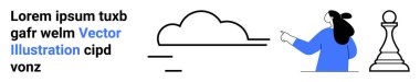Kadın bir bulut ve satranç taşını işaret ediyor. Strateji, planlama, yenilik, teknoloji, liderlik, beyin fırtınası, hedef belirleme için ideal. İniş sayfası için pankart