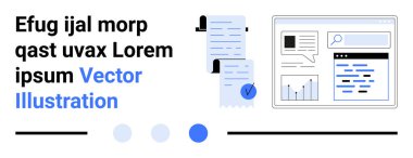 Belgeler, grafikler ve modern bir arayüz tasarımına entegre edilmiş mavi, siyah ve beyaz renk şeması. Teknoloji, iş dünyası, analitik, veri yönetimi, pazarlama ve eğitim için ideal