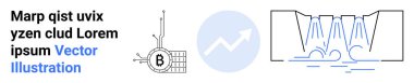 Data flow elements, circular chart with B icon, upward arrow graph, and architecture diagram with water flow. Ideal for tech, data analysis, presentations, engineering, business growth visuals clipart