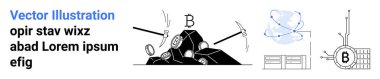 Kazmalar, taşların üzerindeki Bitcoin sembolü, düğümlerle temsil edilen engelleme ağı, veri depolama birimleri, soyut bitcoin teknolojisi. Kripto eğitimi, engelleme zinciri bilgi grafikleri ve fintech içeriği için ideal