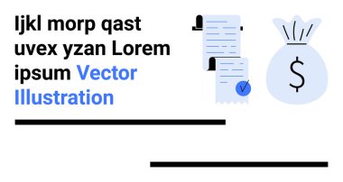 Mavi işaretli mali belge, bir dolar işareti ile süslenmiş büyük para çantası. Bütçe, muhasebe, fatura, mali raporlar, vergi dosyaları, yatırım planlaması, tasarruf rehberleri için ideal