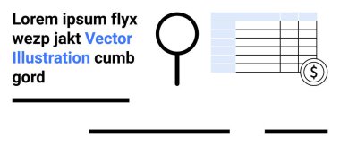 Metin ve satırlarla çevrili, içinde finansal semboller olan bir masaya odaklanan büyüteç. İş sunumları, finans raporları, eğitim materyalleri, veri analizi, bilgi grafikleri için ideal