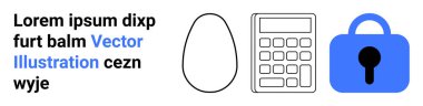 Hesap makinesi simgesi, yumurta şekli, mavi kilit ve karışık renk ve yazı tiplerinde yer tutucu metin. Teknoloji, güvenlik, finans, şifreleme, eğitim, kodlama, matematik kavramları için idealdir. İniş sayfası için pankart
