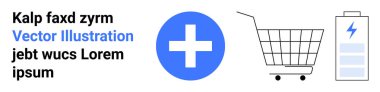 Alışveriş arabası, yıldırımlı pil ve beyaz arka planda mavi haç. Sağlık, enerji, çevrimiçi alışveriş, teknoloji, e-ticaret, dijital pazarlama ve ürün tasarımı için ideal. Pankart