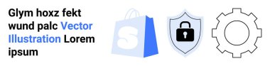 Üç sembol bir alışveriş çantası, kilidi olan bir kalkan ve çevrimiçi alışveriş güvenliği, e-ticaret, siber güvenlik, yapılandırma ve sistem ayarları iniş sayfası için bir dişli dişli çarkı.