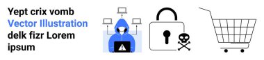 Kapüşonlu bir bilgisayar korsanı, kafatası olan bir asma kilit ve boş bir alışveriş arabası çevrimiçi güvenlik temasını akla getiriyor. Siber güvenlik, hackleme, veri koruması, online alışveriş ve internet için ideal