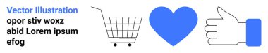 Alışveriş arabası, mavi kalp, onay ikonu, mavi ve siyah metin. E-ticaret siteleri, müşteri geribildirimi, sosyal medya bağlantısı, çevrimiçi alışveriş platformları, dijital pazarlama, uygulama tasarımı için ideal