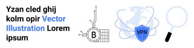 Bitcoin engelleme sembolü, VPN kalkanlı küre ve büyüteç. Siber güvenlik, engelleme zinciri, çevrimiçi mahremiyet, arama optimizasyonu, fintech, web güvenliği ve dijital para birimleri için ideal