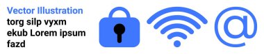 Asma kilit, kablosuz sinyal, ve sembol simgeleri mavi, yer tutucu metin eşliğinde. Siber güvenlik, e-posta hizmetleri, kablosuz iletişim, teknik öğretiler, çevrimiçi pazarlama, web sitesi için ideal