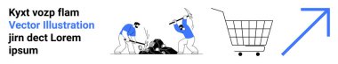 Bir alışveriş arabası ve yukarı doğru ok ile birlikte çalışan iki kişi. Çevrimiçi alışveriş ve iş geliştirme için ekommerce büyüme işbirliği takım çalışması için idealdir. Pankart