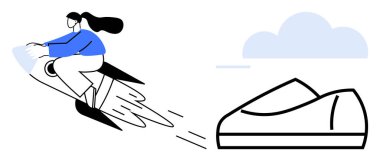 Kadın roket motorlu scooter 'la arka planda bulut olan fütüristik bir ayakkabıya doğru gidiyor. Yenilik, teknoloji, ulaşım, gelecekteki kavramlar, hız, yaratıcılık ve macera için ideal