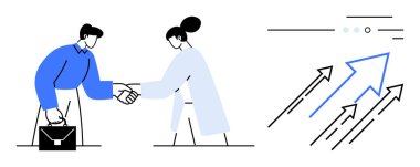 İki iş adamı evrak çantasıyla el sıkışıyor. Sağ tarafta yukarı doğru ok ve grafikler var. İş, başarı, ortaklık, büyüme, takım çalışması, işbirliği ve ilerleme için ideal. Satır metaforu