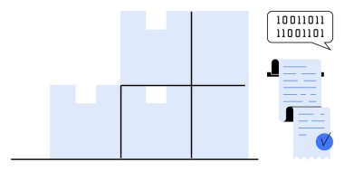 Mavi kutuları ve faturası olan depo ikili kodları gösteriyor. Depo yönetimi, envanter takibi, lojistik, veri analizi ve tedarik zincirindeki teknoloji için ideal. Basit modern vektör biçimi