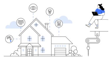 Güvenlik, aydınlatma, ısıtma ve alet gibi akıllı ev aletlerini kontrol etmek için dizüstü bilgisayar kullanan biri. Ev otomasyonu, teknoloji entegrasyonu, uzaktan kumanda, akıllı yaşam, enerji verimliliği için ideal