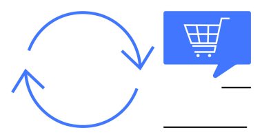 İçinde alışveriş arabası olan mavi bir konuşma balonunun yanındaki mavi dairesel oklar. E-ticaret, çevrimiçi alışveriş, perakende, iş süreçleri, satış döngüleri, müşteri seyahatleri, dijital pazarlama için ideal