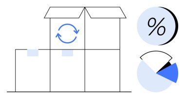 Geri dönüşüm ya da nakliyeyi gösteren dairesel oklarla dolu kutular. Pasta grafiği ve yüzdelik simgeler yakında. Lojistik, envanter, e-ticaret, nakliye, geri dönüşüm, veri analizi, arz için ideal