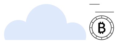 Bitcoin sembolünün yanında bulut simgesi, Bitcoin 'in üzerinde iki yatay çizgi var. Bulut depolama, kripto para birimi, engelleme zinciri, finans, teknoloji, veri güvenliği, modern iş için ideal. Satır metaforu