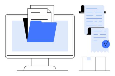 Makbuzlar ve kontrol listesi ile birlikte açık bir klasör içeren bilgisayar monitörü. Dijital dosya organizasyonu için ideal, çevrimiçi belge depolama, verimli kayıt tutma, ofis