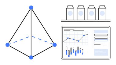 Mavi düğümlü geometrik şekil, dört konteynırlı raf ve grafik ve grafikleri gösteren veri paneli. İş analizi, veri görselleştirme, proje yönetimi, geometrik çalışmalar için ideal