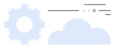 Bulut ve veri akış çizgilerinin yanındaki dişliler bulut hesaplama altyapısını sembolize ediyor. Teknolojik çözümler, dijital dönüşüm, bilişim hizmetleri, verimli iş akışları, veri yönetimi, gelecekçi