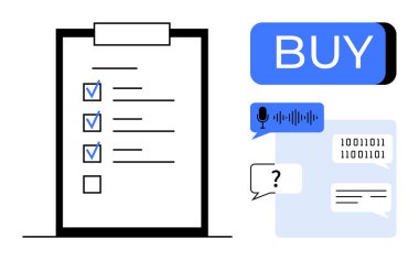 İşaretli ögeleri olan dijital kontrol listesi, ses asistanı simgesi, diyalog kutuları, ikili kod ve satın alma düğmesi. Çevrimiçi alışveriş, üretkenlik, ses komutları, müşteri desteği, teknoloji için ideal