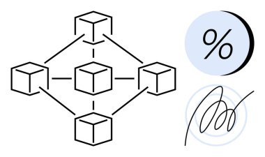 Birbirine bağlı küplerden oluşan engelleme zinciri, mavi dairedeki yüzde işareti, dairesel çerçevedeki girdap çizgisi sanatı. Kripto para birimi, finans, teknoloji, ağ, veri yönetimi, ekonomi için ideal